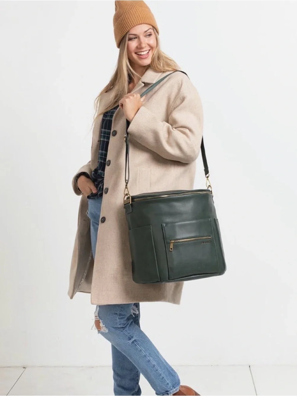 Fawn The Original Diaper Bag Faux Leather Backpack in Olive Green